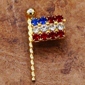Vintage Crystal American Flag Small Brooch Pin - Red White Blue